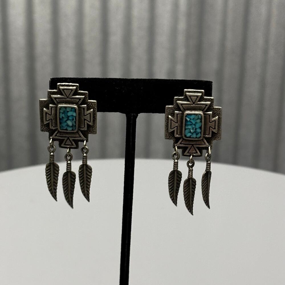 Southwest Turquoise Feather Earrings Tribal Boho Stud Dangles Silver‎ Tone
